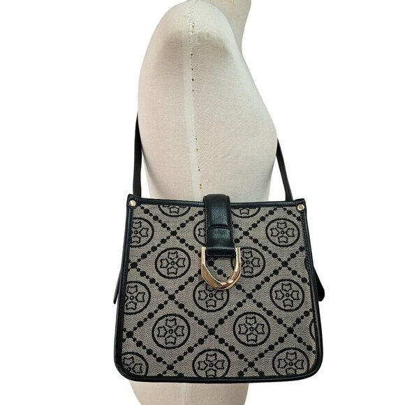 Foxer Handbags - Foxer Designer Brand Logo Fabric Black Leather Bag Adjustble Strap Gold Hardware